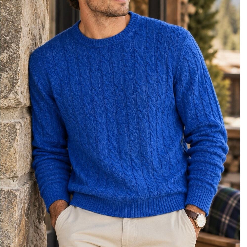 Davis & Squire Mens Cobalt Blue Cable Knit Pure Cashmere Sweater Size Medium
